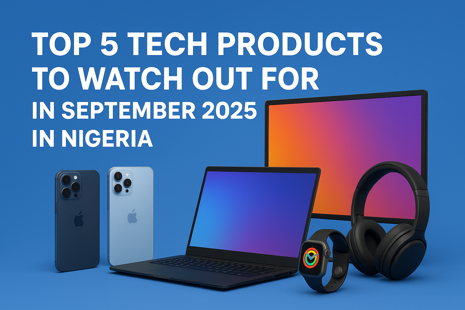3D-rendered promotional image with a blue background displaying the text “Top 5 Tech Products to Watch Out for in September 2025 in Nigeria,” alongside realistic models of two smartphones, a laptop, a smartwatch, wireless headphones, and a monitor.