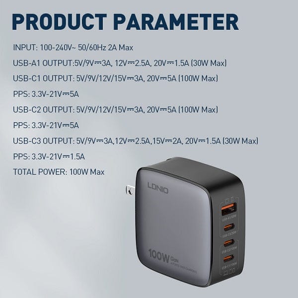 LDNIO - 100W 4-PORT GaN Charging Adapter with replaceable plugs (UK/EU/US) Tekkas Store Power Adapter Tekkas_Store