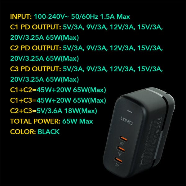 LDNIO - 65W 3-PORT GaN Charging Adapter with replaceable plugs (UK/EU/US) Tekkas Store Power Adapter Tekkas_Store