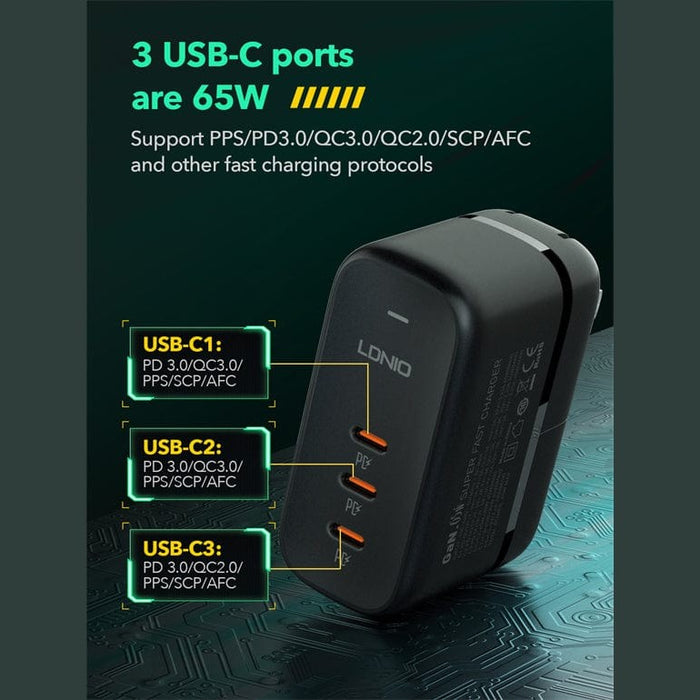 LDNIO - 65W 3-PORT GaN Charging Adapter with replaceable plugs (UK/EU/US) Tekkas Store Power Adapter Tekkas_Store