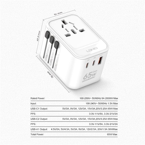 LDNIO - 65W 3-PORT GaN Travel Converter Adapter (UK/US/AU/EU) Tekkas Store Power Adapter Tekkas_Store